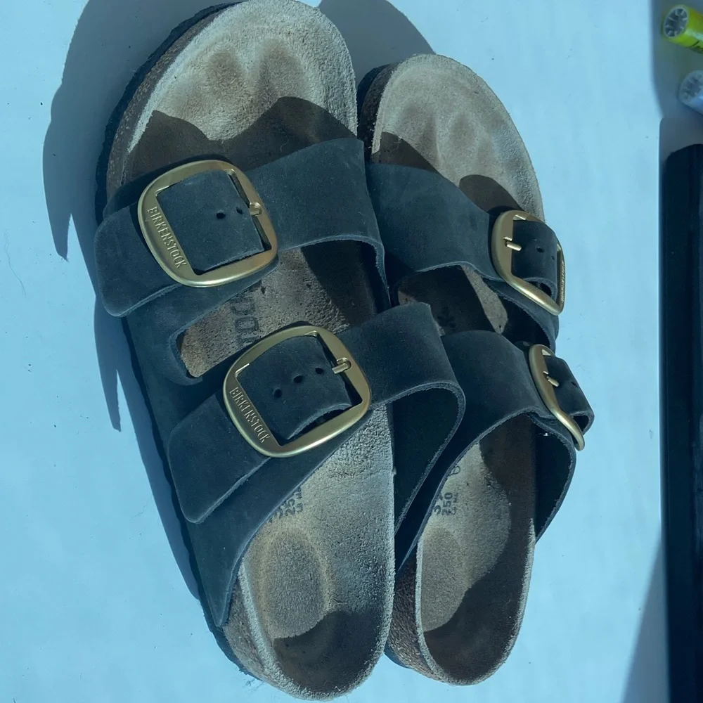 Birkenstock Black Two-Strap Sandals with Gold Buckles - Picture 3 of 5
